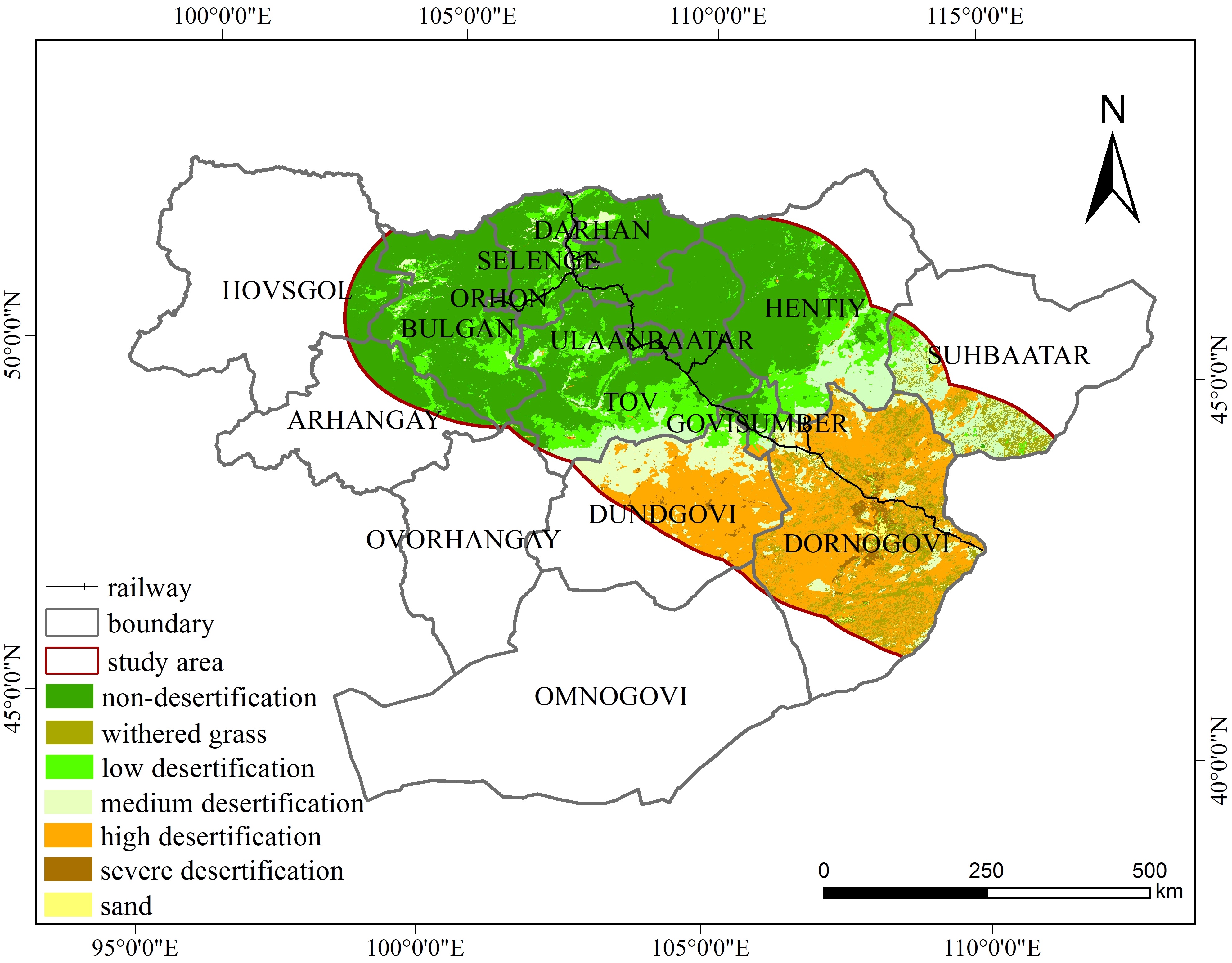 Spatio-temporal Distribution of Desertification Disaster along the China-Mongolia railway (Mongolia section) in 2000 and 2015