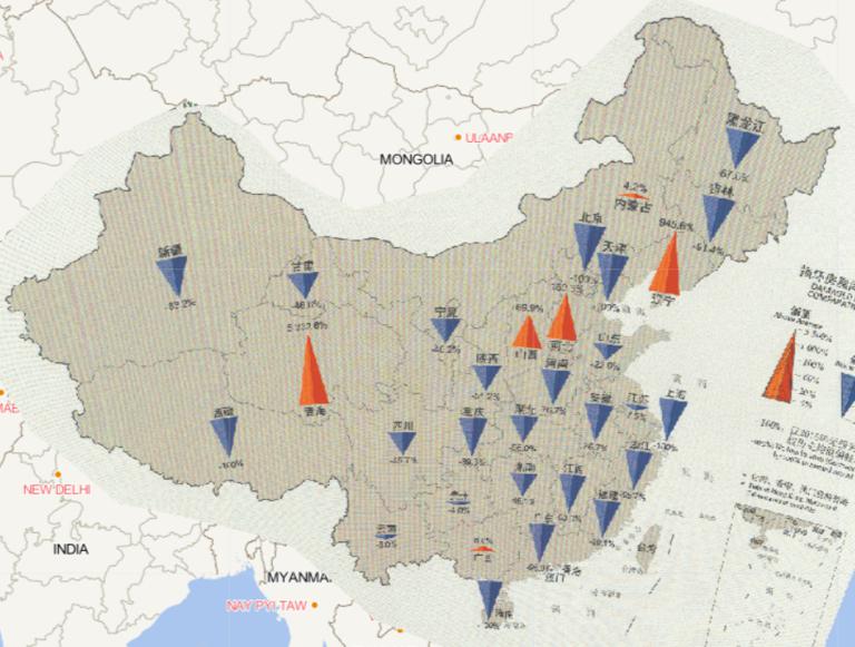 Online map of comparison of hail caused damaged housing in 2016 to the annual mean since 2000 by province in China