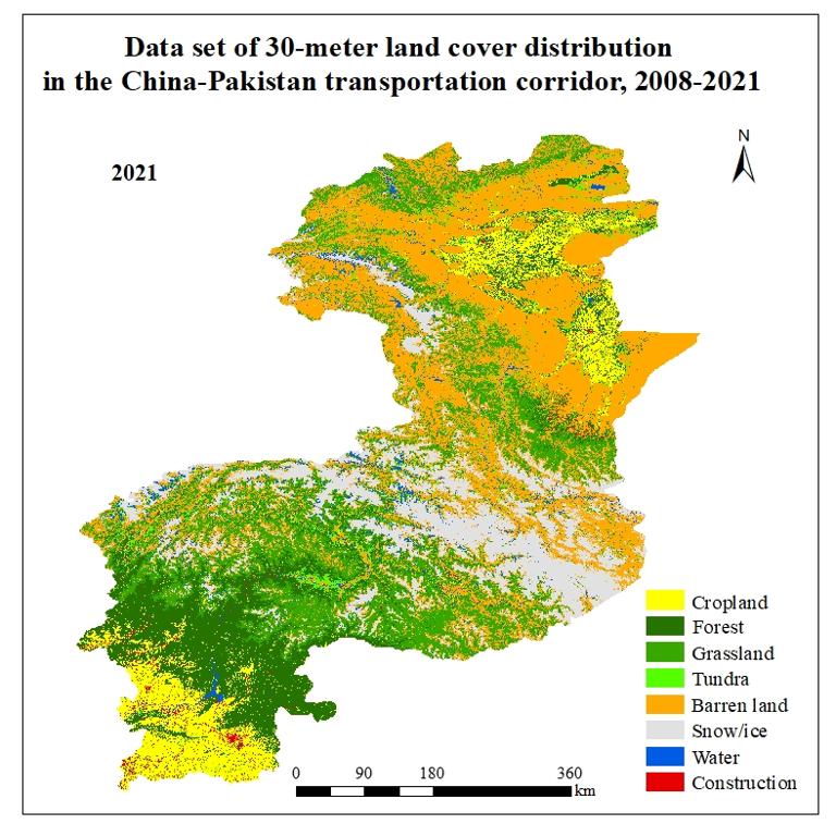 Data set of 30-meter land cover distribution in the China-Pakistan transportation corridor, 2008-2021