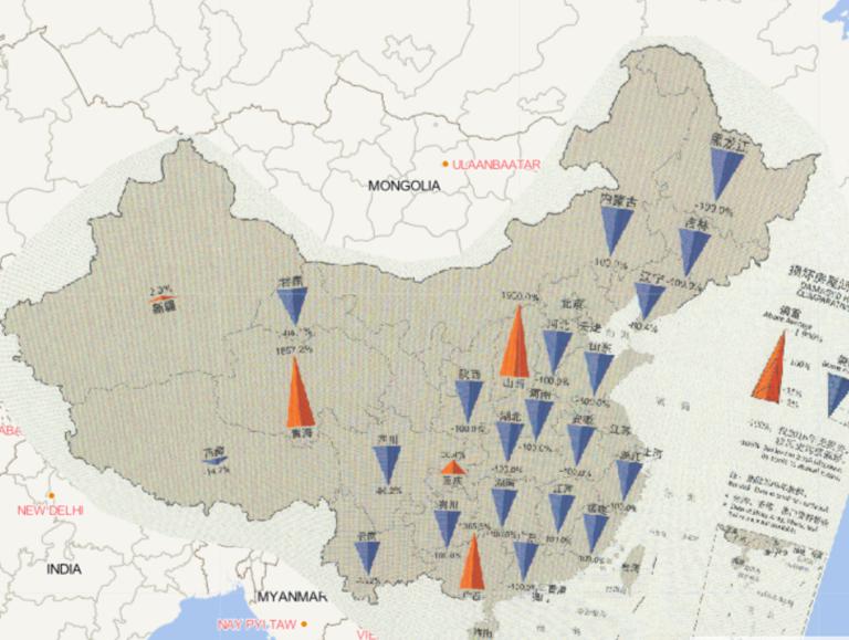 Online map of comparison of earthquake caused damaged housing in 2016 to the annual mean since 2000 by province in China