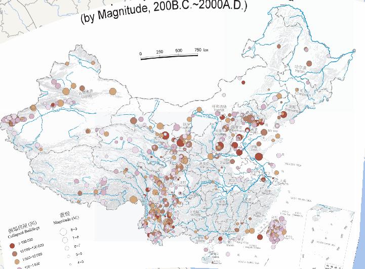 Online map of China earthquake sub-earthquake-level housing collapse (BC 200 to 2000 AD)