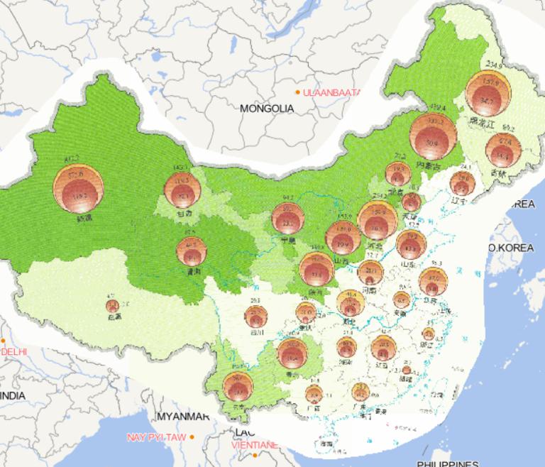 Online map of crop damage caused by wind and hail disasters in China in 2014