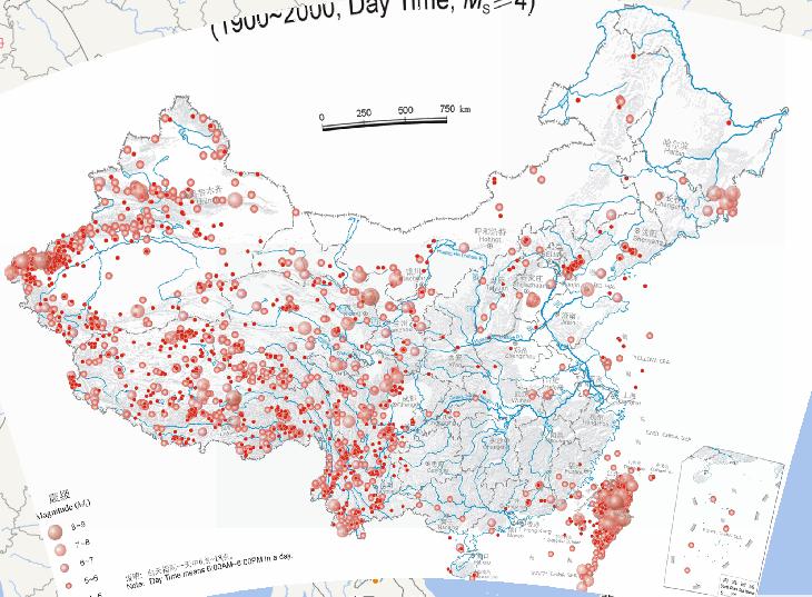Epicentral  online distribution map of Chinese earthquakes (1900-2000, daytime, magnitude 4 and above)
