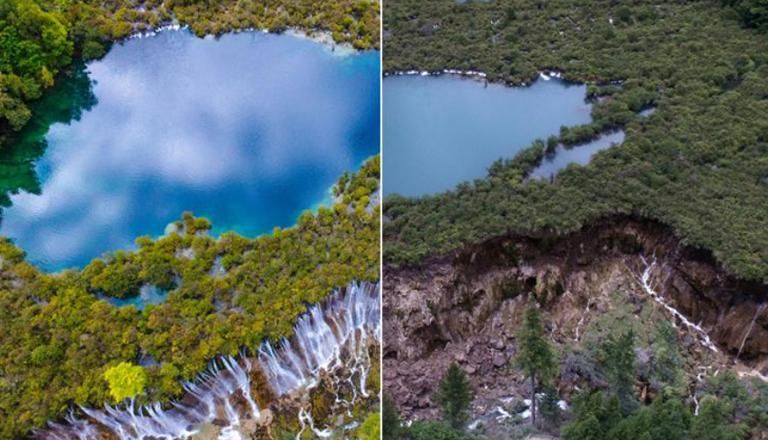 Comparison of aerial photographs before and after the earthquake in jiuzhaigou