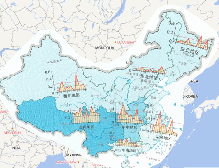 Online map of temporal and spatial distribution of flood and geological disaster index by region in China in 2014