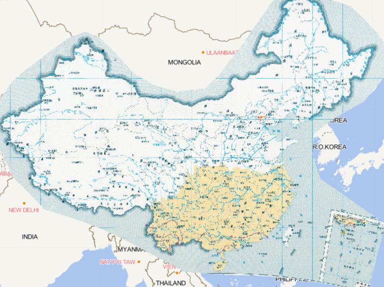 Online map of mild low temperature frequency, overcast rain (indicator 1) during the seedling raising period of double cropped early rice in China