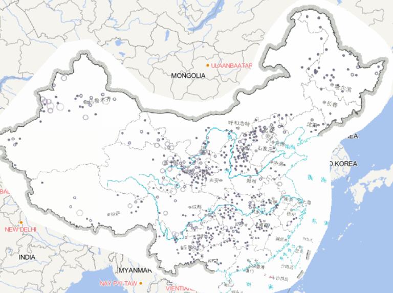 Online map of frequency distribution of low temperature freezing and snow disasters in China in 2014