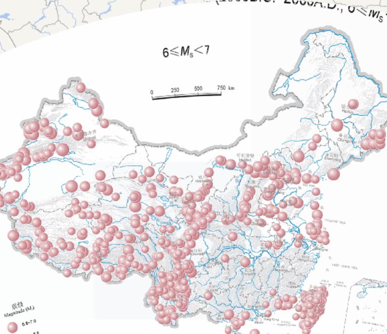Online map of epicentral distribution of earthquakes in China (magnitude 6 to 7)