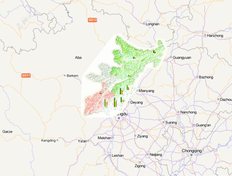 Online map of urban population water resources carrying capacity (water supply capacity recovery 60%) in Wenchuan in China