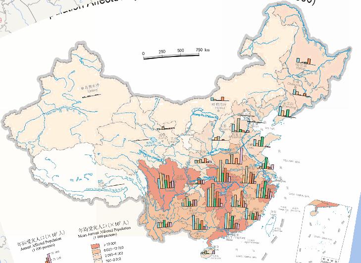 Online map of the affected population in floods in China (1994-2000)