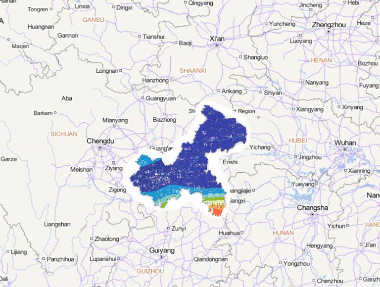 Online map of disaster percentage of precipitation anomalies of flood in Chongqing August 31 to September 2, 2014
