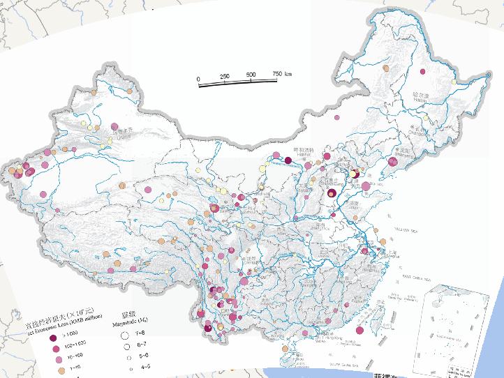 Direct economic losses online map of earthquake magnitude in China (from 200 BC to AD 2000)