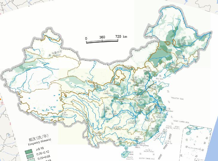Online map of flood frequency in August of China (1949-2000)
