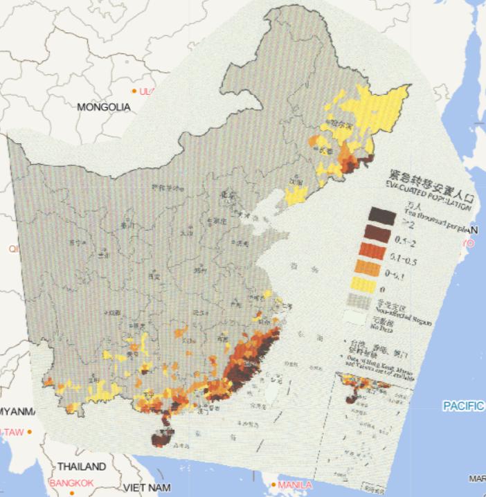 Online map of typhoon caused evacuated population by county in China in 2016