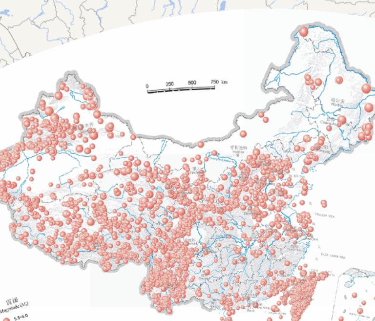 Online map of earthquake epicentral distribution in China (magnitude 5 to 6)