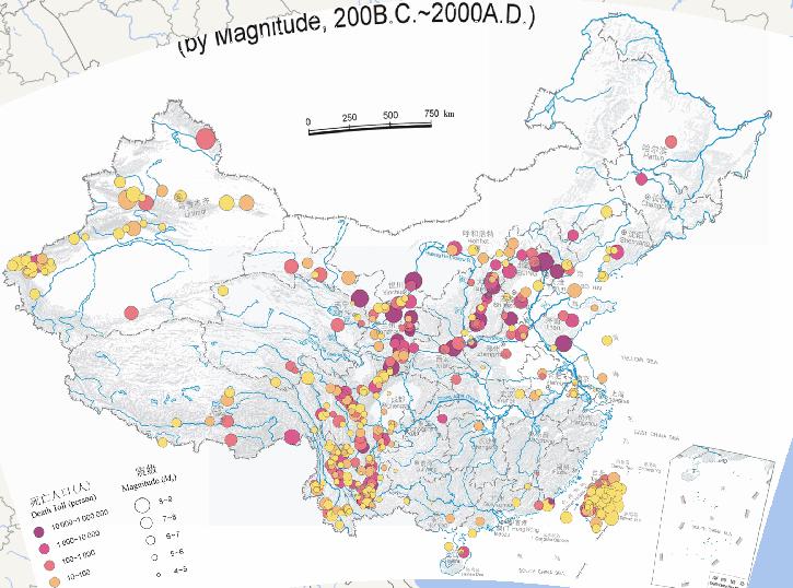 China's seismic intensity caused deaths online map(200 BC to 2000 AD)