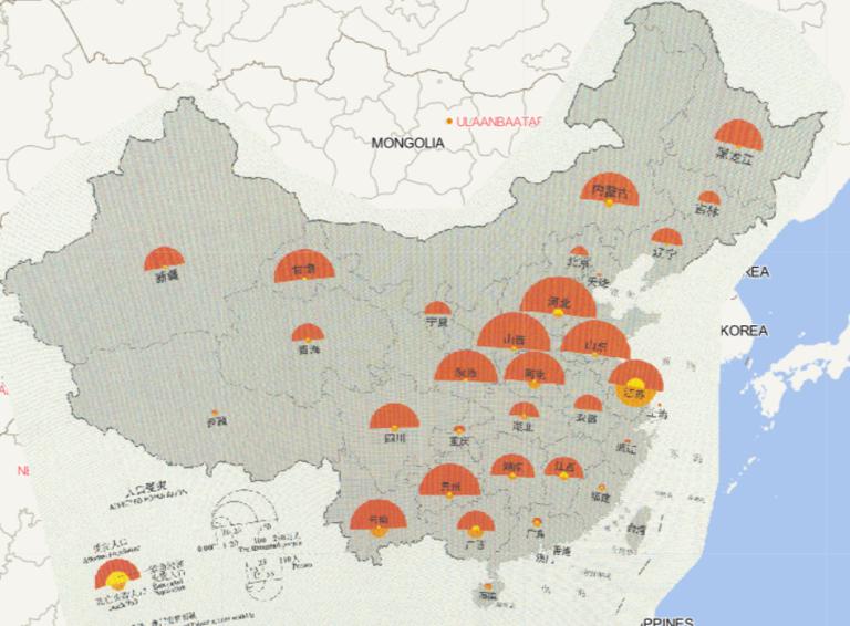 Online map of hail affected population by province in China in 2016