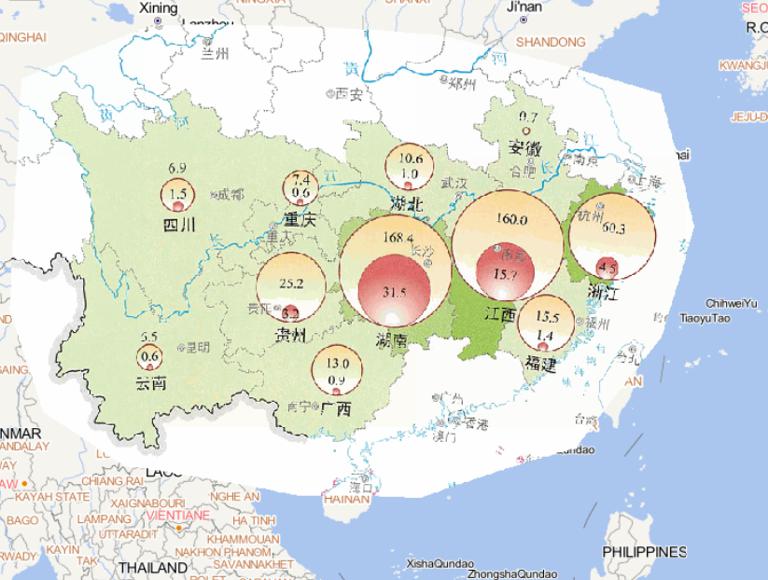 Online map of crop damage by flood in southern China in the mid to late June 2014