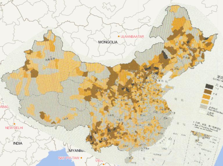 Online map of count of hail events by county in China in 2016