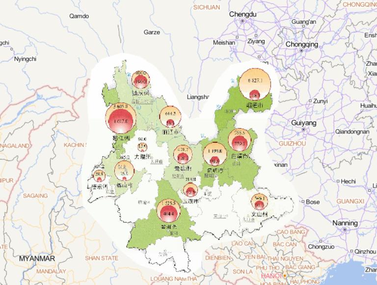Online map crop damage by flood and debris flow disasters in Yunnan Province in early July 2014