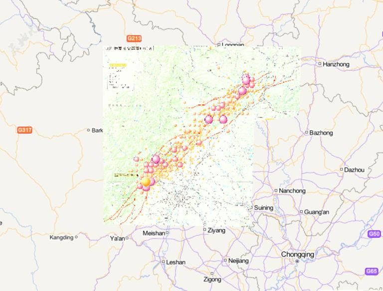 Online map of epicenter distribution of Wenchuan earthquake and aftershocks in China