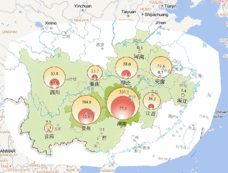 Online map of crops affected by flood disaster in southern China in mid July 2014