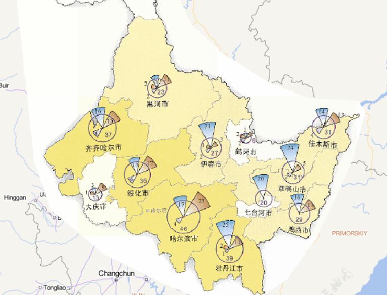 Online map of disaster frequency distribution by disaster type in Heilongjiang Province in 2014