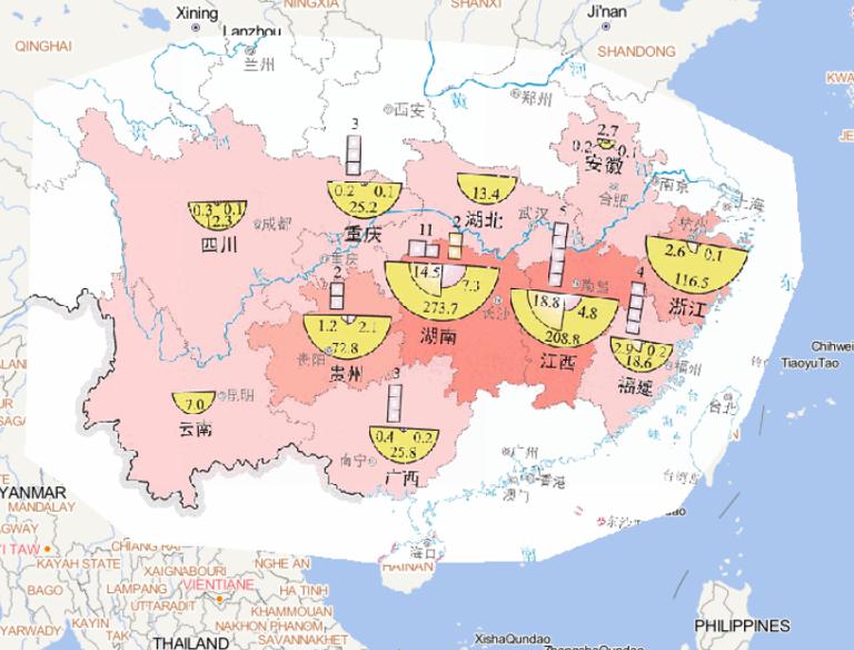 Online map of people affected by flood in southern China in mid to late June 2014