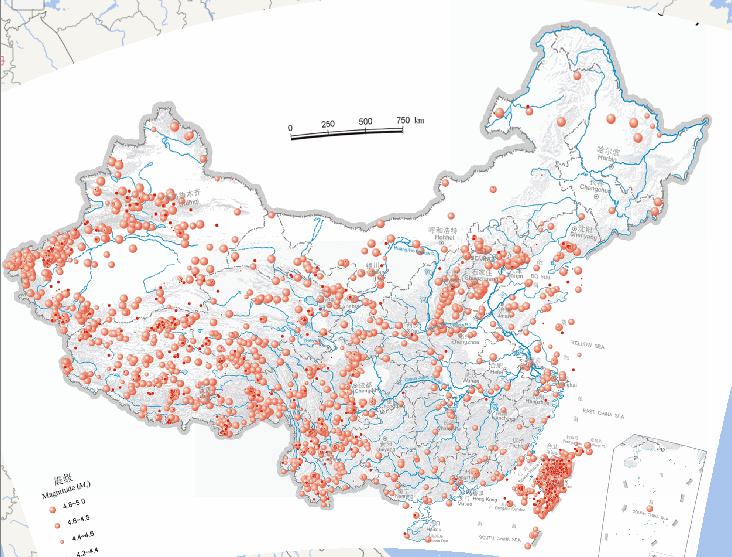 Online map of epicenter distribution of earthquakes in China (magnitude 4-5)
