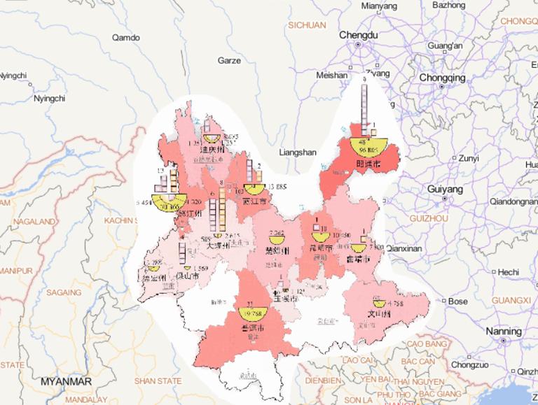 Online map people affected by flood and debris flow disasters in Yunnan Province in early July 2014