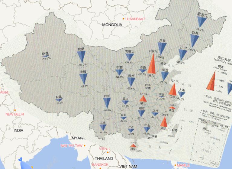 Online map of comparison of provincial death toll in 2016 to the annual mean since 2000 in China