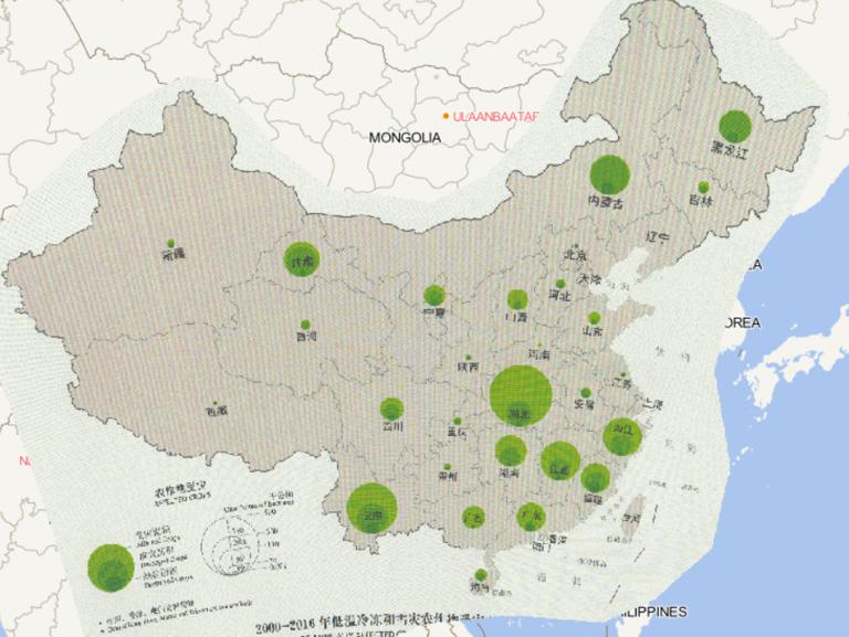 Online map of freeze and snow hazard affected crops by province in China in 2016