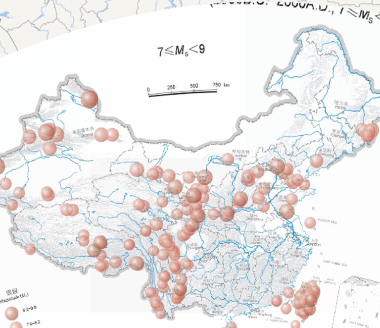 Online map of epicentral distribution of Chinese earthquakes (magnitude 7 to 9)