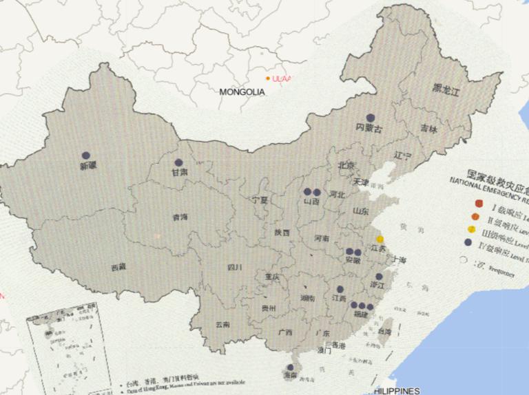 Online map of national emergency response by province and level in China in 2016