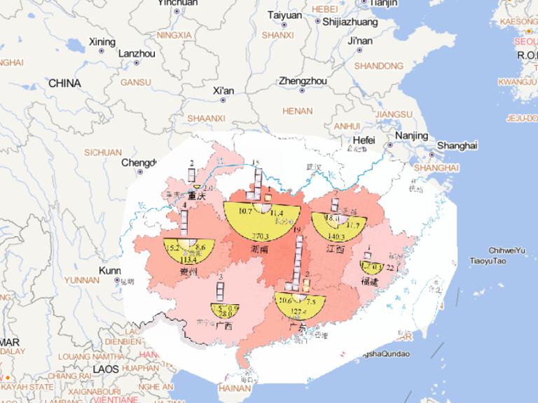Online map of people affected by flood disaster in the south of Yangtze River in mid to late May 2014