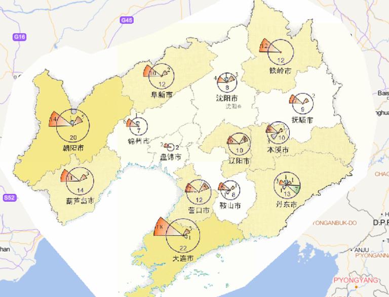Online map of disaster frequency distribution by disaster type in Liaoning Province in 2014
