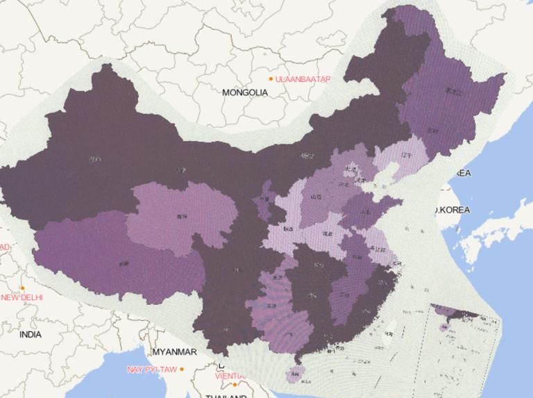 Online map of provincial integrated disaster index for freeze and snow in China in 2016