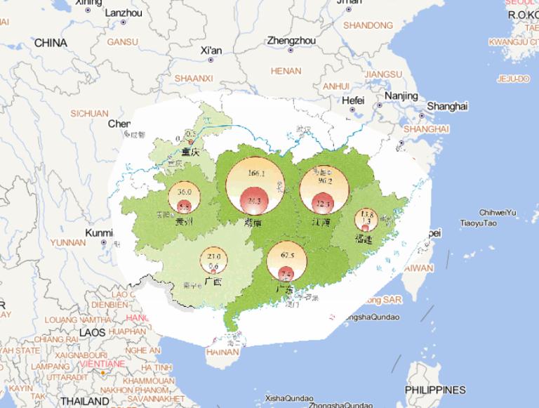 Online map of crops affected by flood disaster in the south of Yangtze River in mid to late May 2014