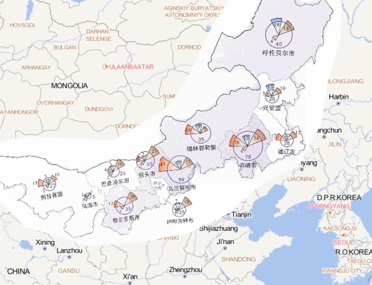 Online map of disaster frequency distribution by disaster type in Inner Mongolia Autonomous Region in 2014