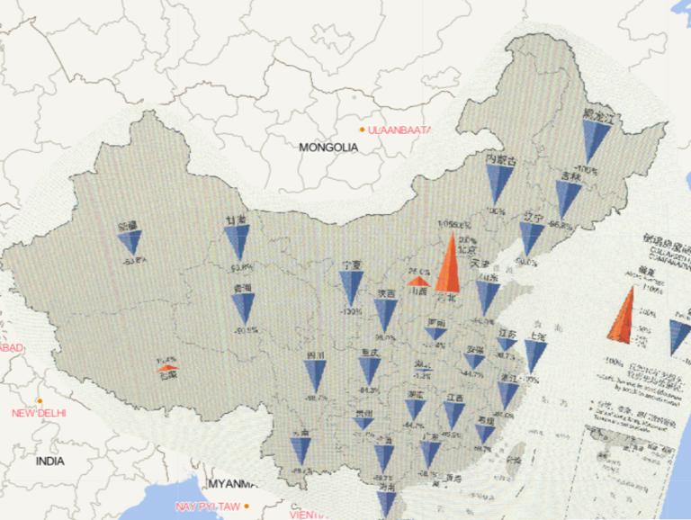 Online map of comparison of provincial collapsed housing in 2016 to the annual mean since 2000 in China