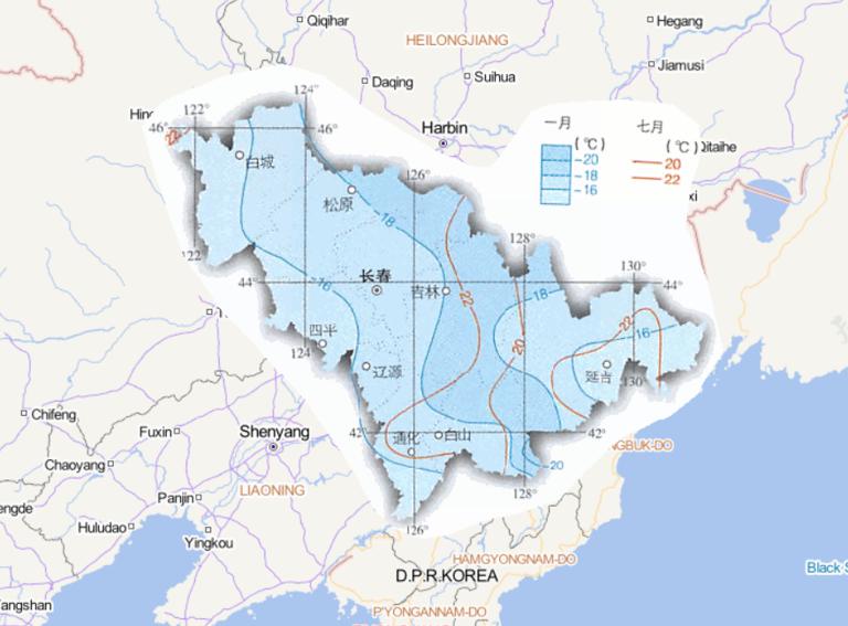 Online map of January and July average temperatures in Jilin Province, China