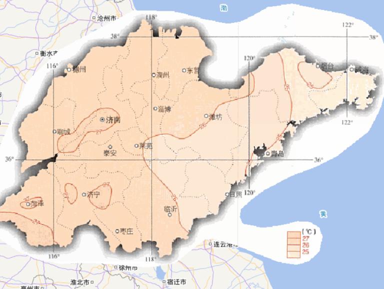 Online map of July average temperature in Shandong Province, China