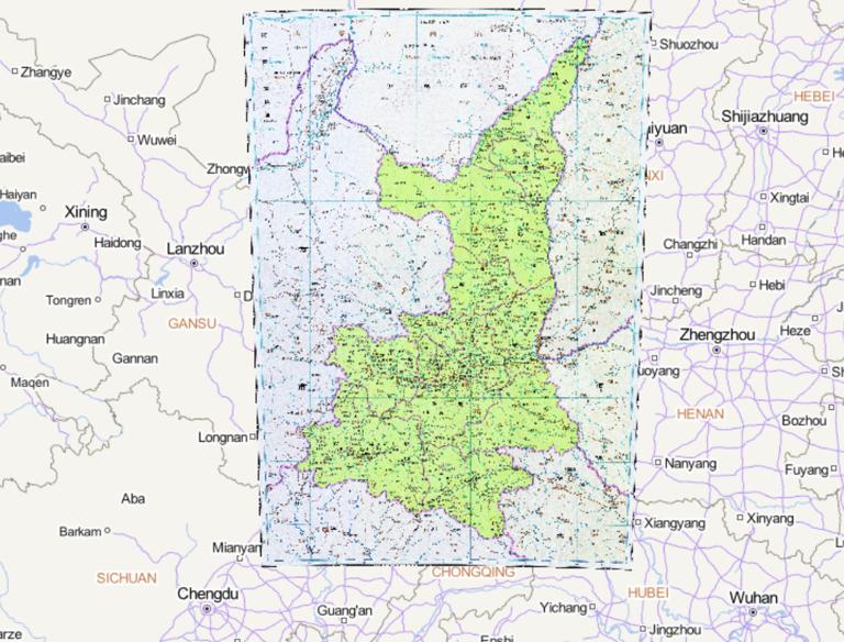 The historical map of Shaanxi province in the Qing dynasty of China