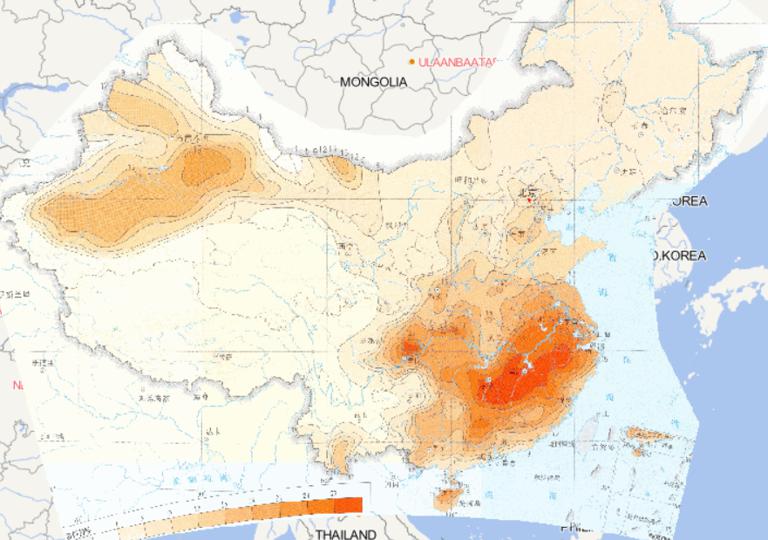 Online map of threshold values for 100 years continuous high temperature days in China