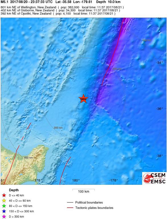 August 20, 2017 Earthquake Information of East of North Island,  N.Z.