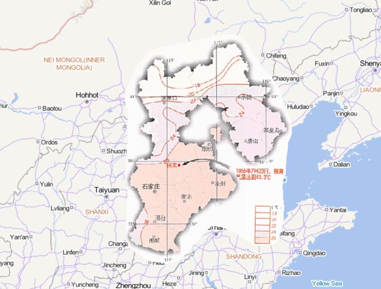 Online map of July average temperature in Hebei Province, China