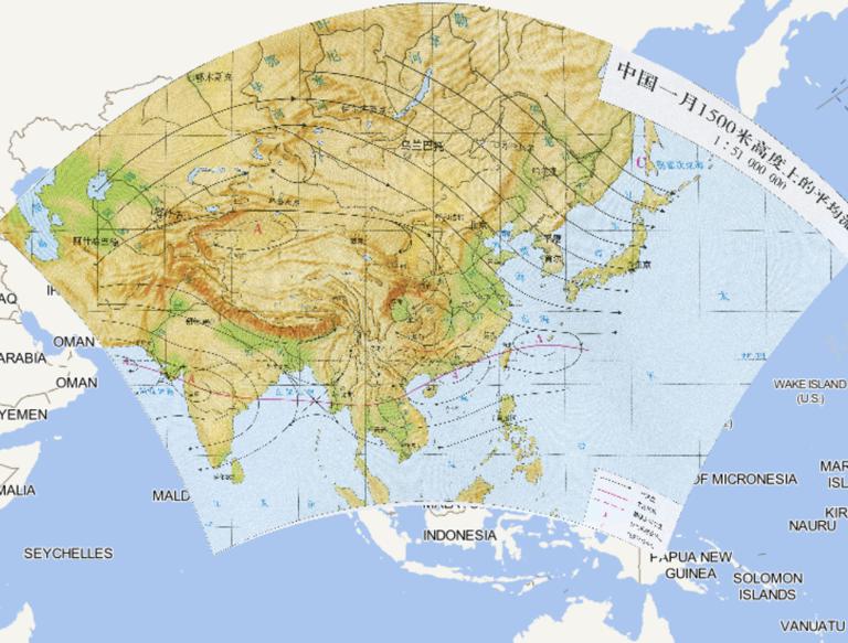 Online map of China's average flow field at 1500 m in January