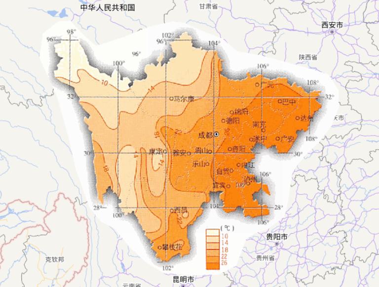 Online map of July average temperature in Sichuan Province, China