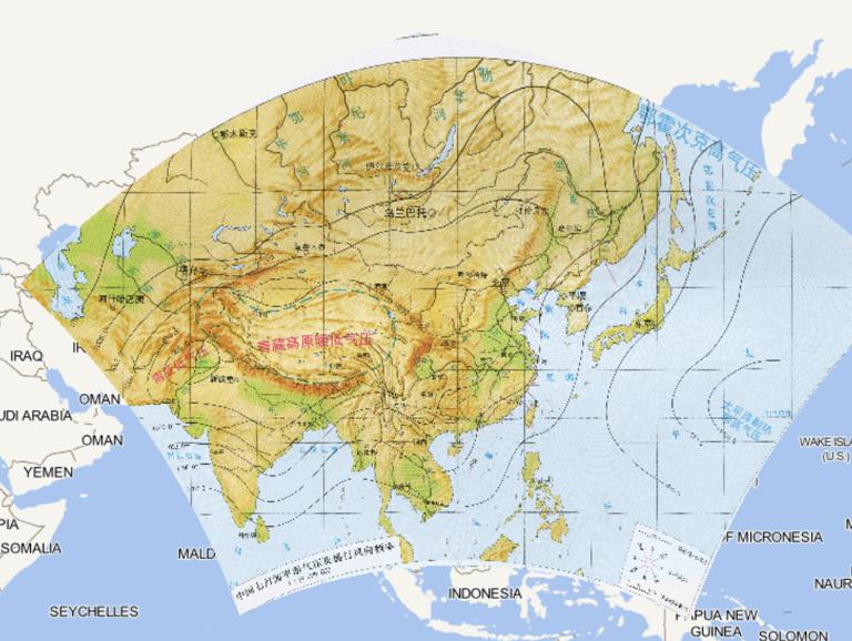 Online map of Chinese sea level pressure and prevailing wind direction frequency in July