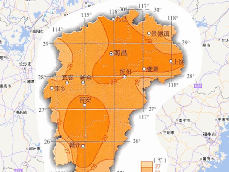 Online map of July average temperature in Jiangxi Province, China